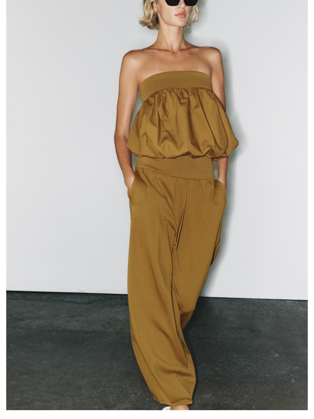 Strapless Bubble-Top Jumpsuit in Mustard